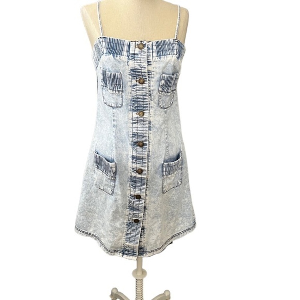 POL Washed Denim Button Front‎ Spaghetti Strap Dress Size M